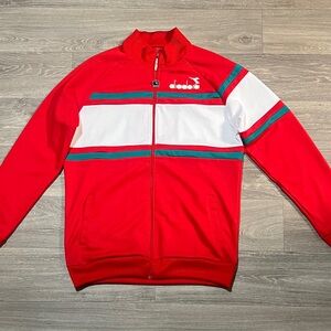 Diadora Men's Red Zip-Up Track Jacket with White and Green Stripes.